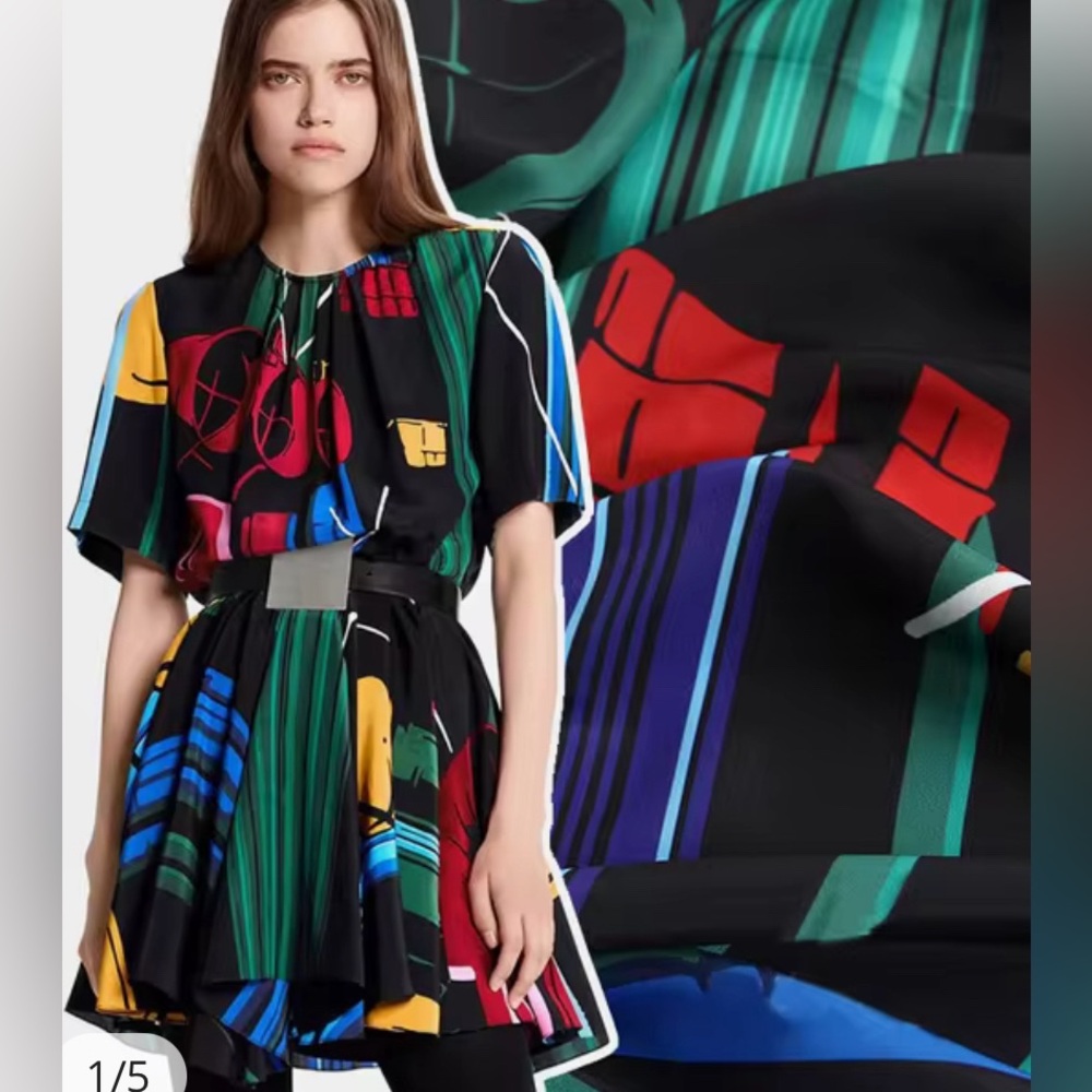 SOLD -Louis Vuitton 2019 Silk Knee length Dress Black Green Blue Red FR40 8 NWOT